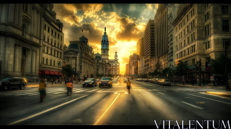 AI ART Sunset Over Historic City Street