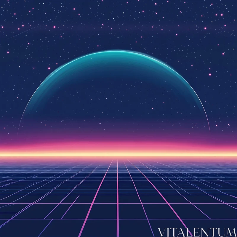 Retro Futuristic Landscape with Cosmic Elements AI Image