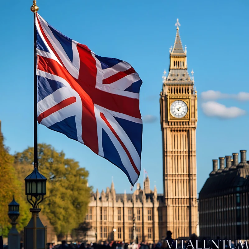 Big Ben with Union Jack Flag in Foreground AI Image