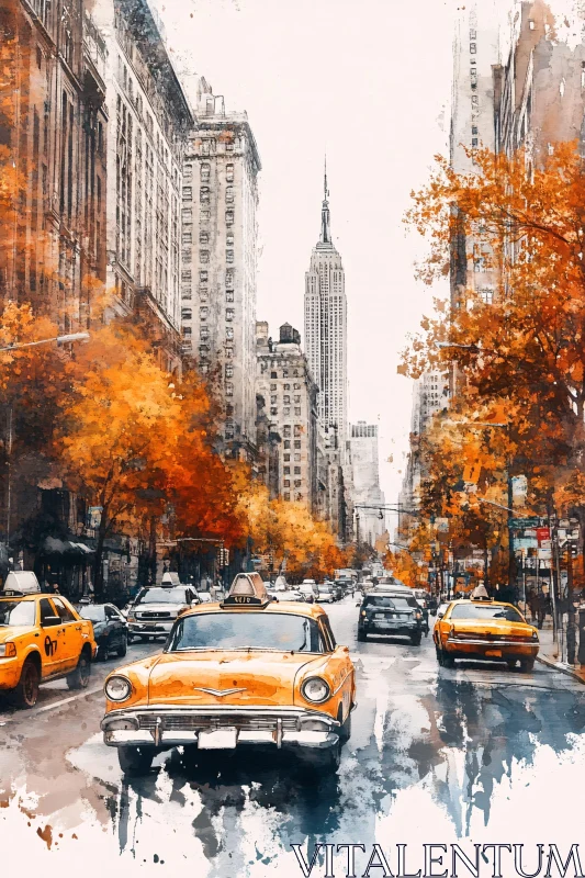 Urban Watercolor Painting with Skyscrapers and Autumn Leaves AI Image