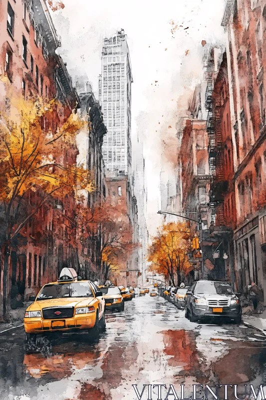 Autumn Yellow Taxis in Bustling City Street AI Image