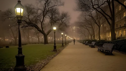 Eerie Foggy Park with a Silhouette at Night