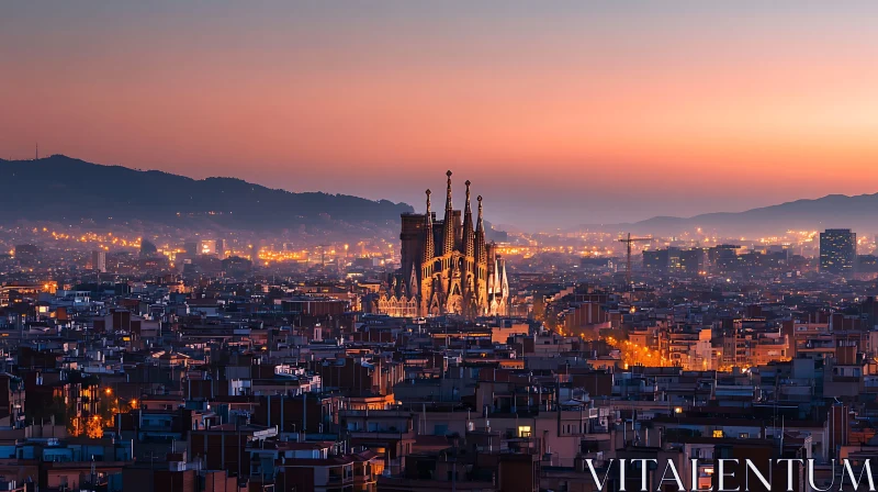 City Sunset with Sagrada Familia AI Image