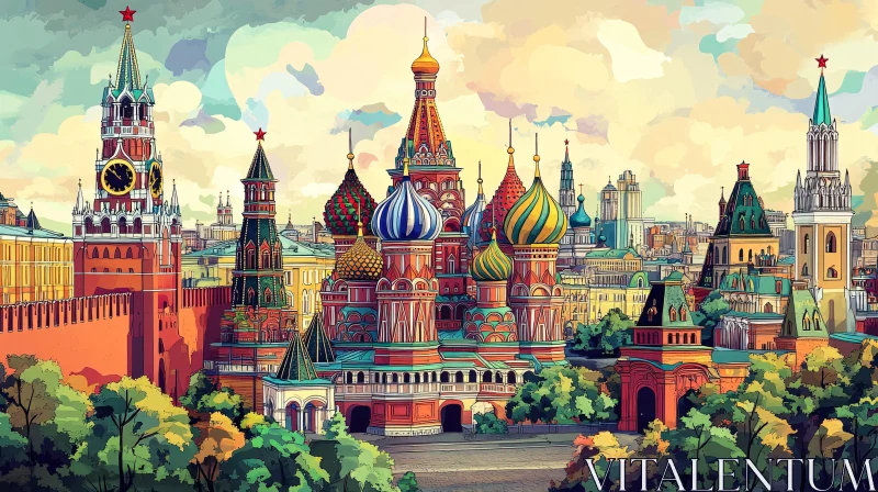 Colorful Cityscape of Moscow's Iconic Landmarks AI Image