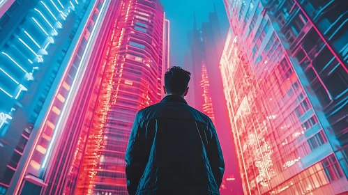 Nighttime Neon Urban Scene with Skyscrapers