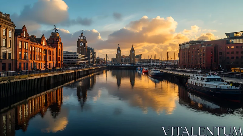 Historic Buildings at City Waterfront during Golden Sunset AI Image