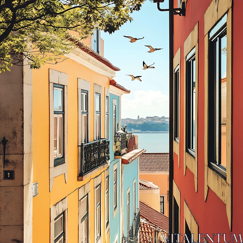 Vibrant Buildings and Sea Gulls in Scenic Urban Landscape AI Image