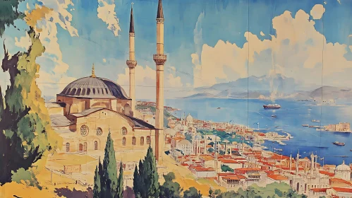 Seaside Cityscape with Mosque and Minarets