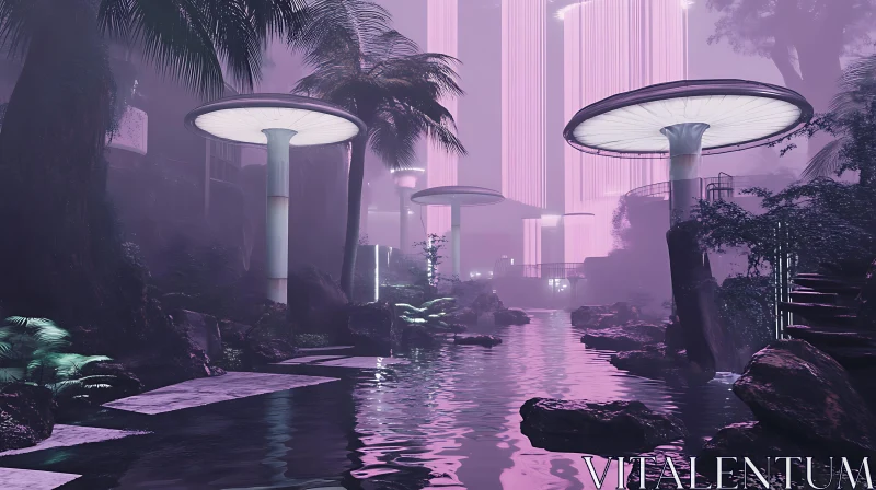 AI ART Futuristic Surreal Scene with Neon Lights and Mushrooms