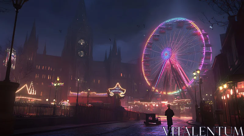 AI ART Enigmatic Night Scene of Ferris Wheel and Gothic Buildings