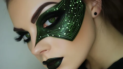 Futuristic Cyber Makeup with Green Circuit Design