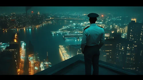 Silhouetted Officer Viewing Nighttime City Lights