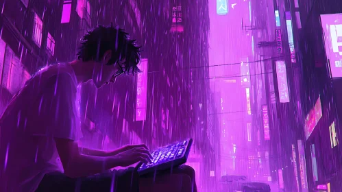 Neon Street with Person and Keyboard in Rain