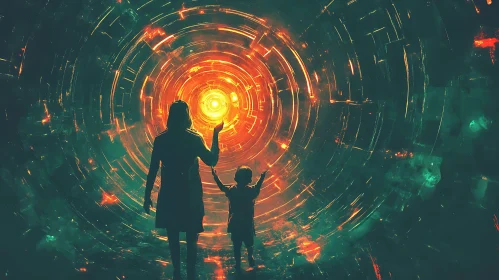 Parent and Child Standing Before a Luminous Vortex