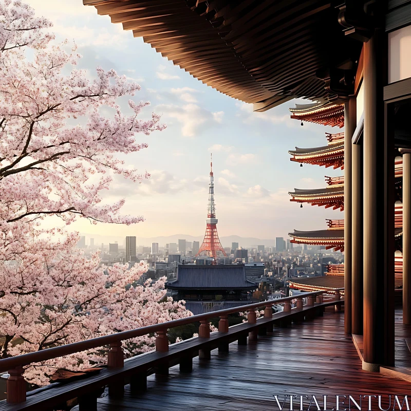 Tokyo Cityscape with Cherry Blossoms and Pagoda AI Image