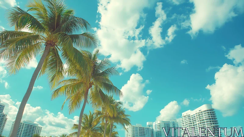 AI ART Palm Trees and Modern Buildings under a Blue Sky