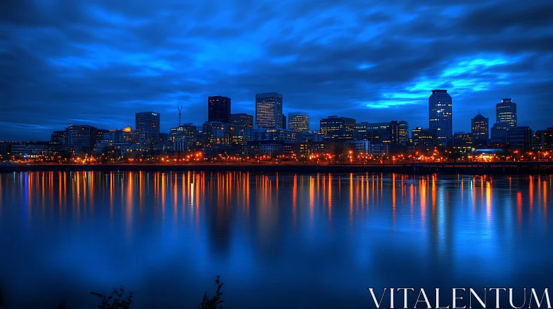 Nighttime Cityscape Illuminated Reflection AI Image