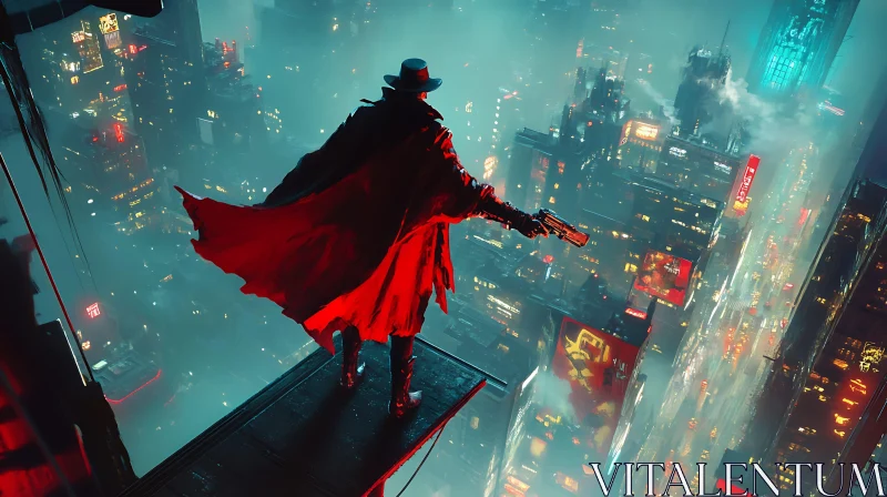 Neo-noir city vigilante in red cloak AI Image