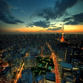 Twilight Urban Skyline with Tower and City Lights