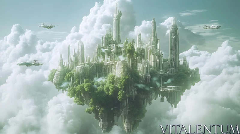 Sky-high Urban Utopia with Flying Vehicles and Green Towers AI Image