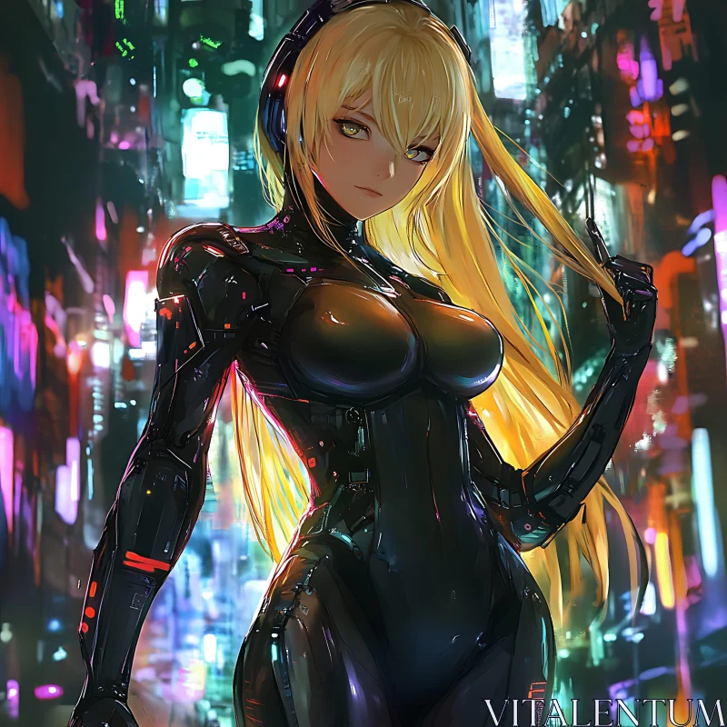 High-Tech Female in Cyberpunk City AI Image