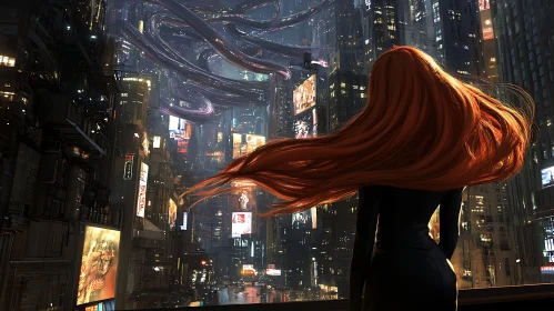 Cyberpunk Night City with Red-Haired Woman