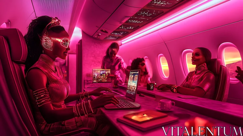 High-Tech Airplane Interior with Neon Ambiance AI Image