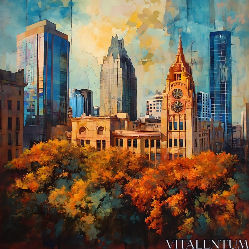 Urban Cityscape Featuring Skyscrapers and Autumn Foliage AI Image