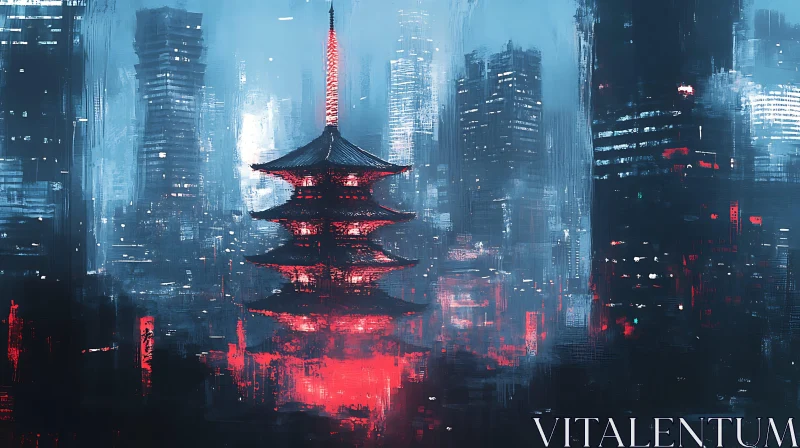 Pagoda and Skyscrapers in a Misty Night - Digital Art AI Image