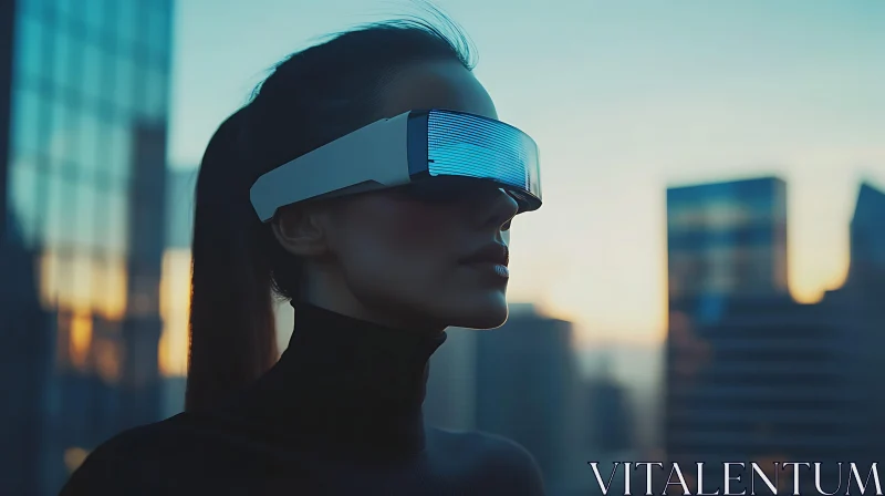 Cyberpunk Woman with VR Headset at Sunset AI Image