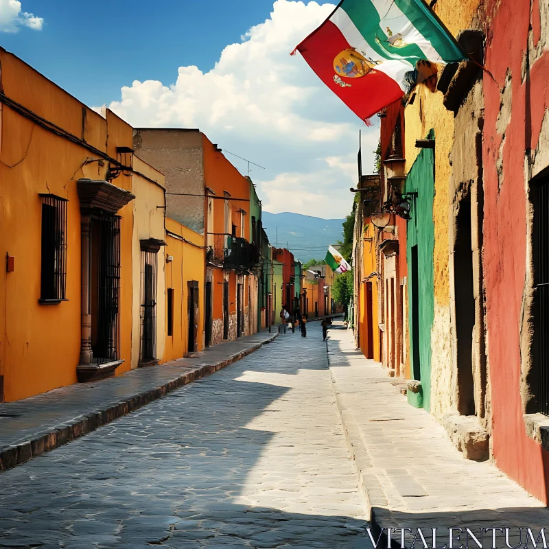 Vibrant Mexican Street with Colorful Colonial Architecture AI Image