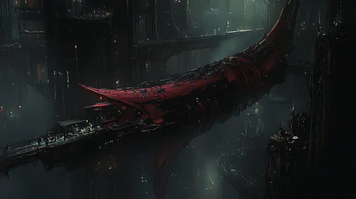 Gigantic Red Spacecraft in a Dark Future Metropolis