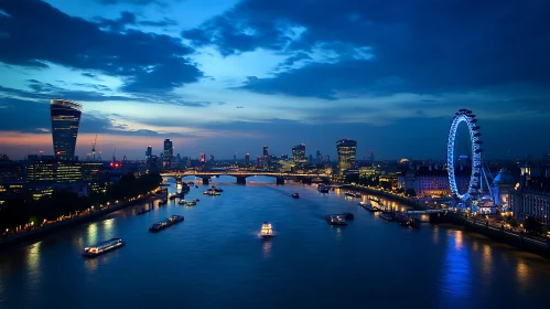 London Nighttime Skyline with River Thames and London Eye