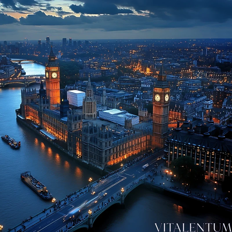 Iconic City Landmark Along the River at Night AI Image