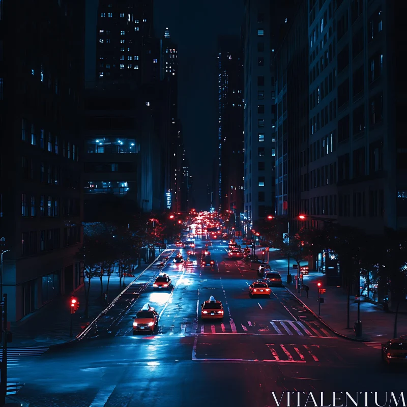 Urban Night Scene with Illuminated Street AI Image