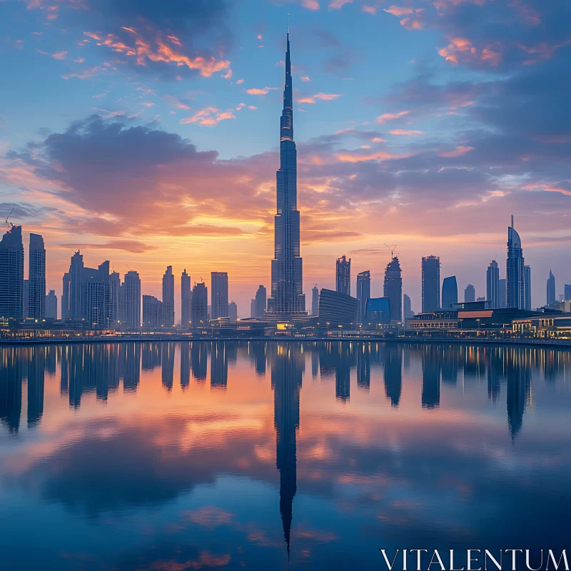 Cityscape with Towering Skyscraper at Sunset AI Image