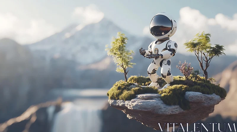 Robot in Nature with Mountains and Waterfall AI Image