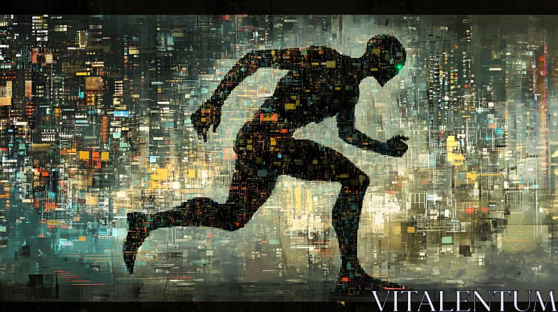 Pixelated Runner in a Cybernetic Cityscape AI Image