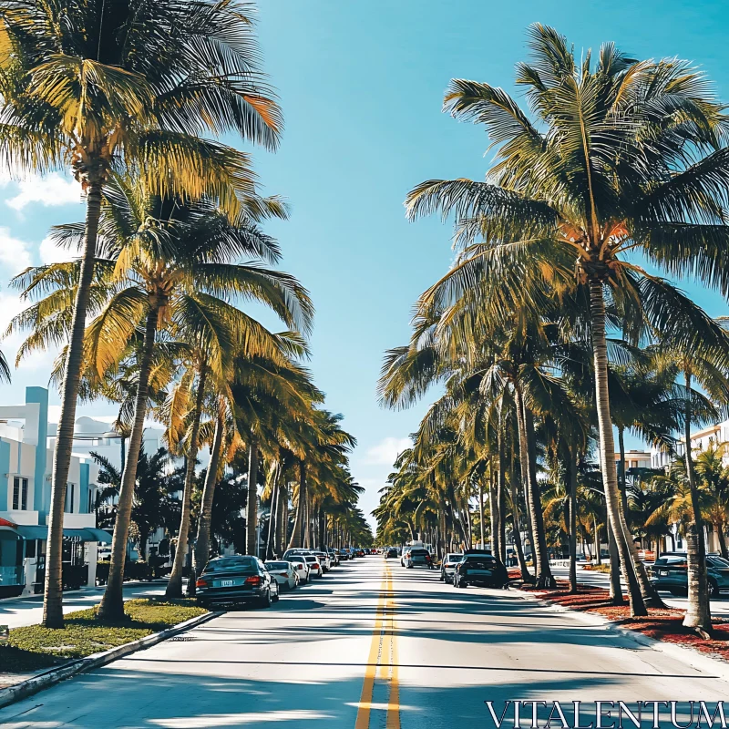 Tropical City Street with Palm Trees AI Image