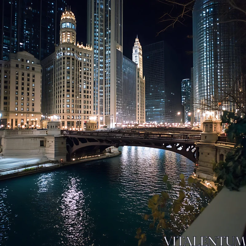 Nighttime Cityscape with Lighted Bridge and Reflections AI Image