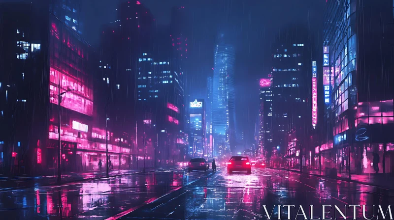 AI ART Neon-lit Urban Rainy Night