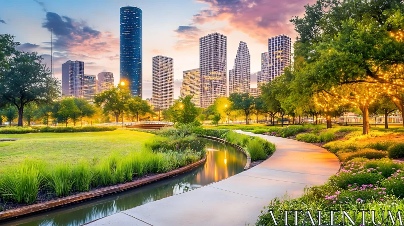 AI ART City Park at Sunset with Illuminated Trees and Skyscrapers