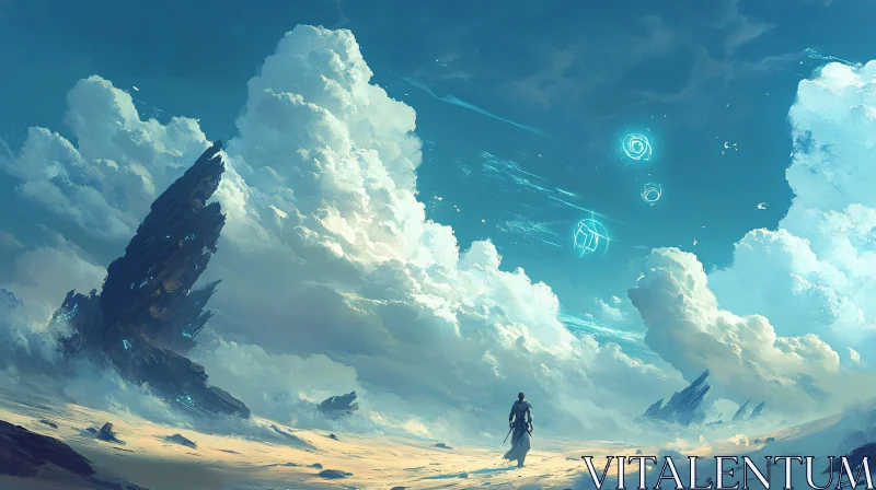 Fantasy Landscape with Floating Symbols and Spectacular Clouds AI Image