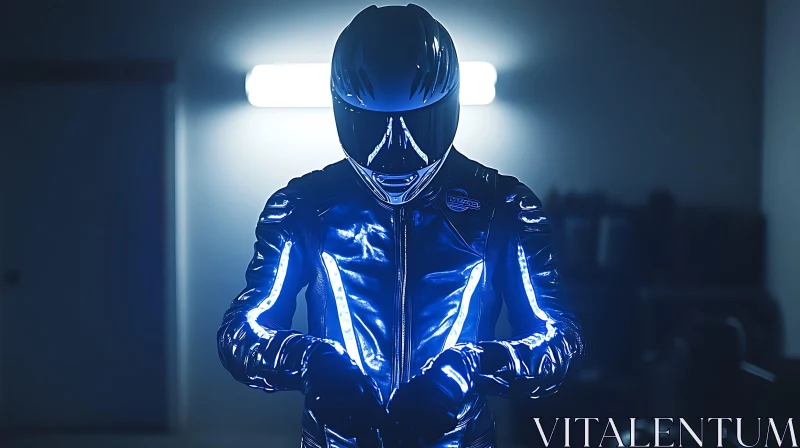 Motorcycle Rider in Shiny Suit with Helmet AI Image