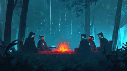 Mystical Forest Gathering of Robots by Firelight