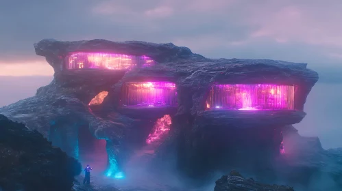 Neon-Lit Futuristic Architecture in Misty Terrain