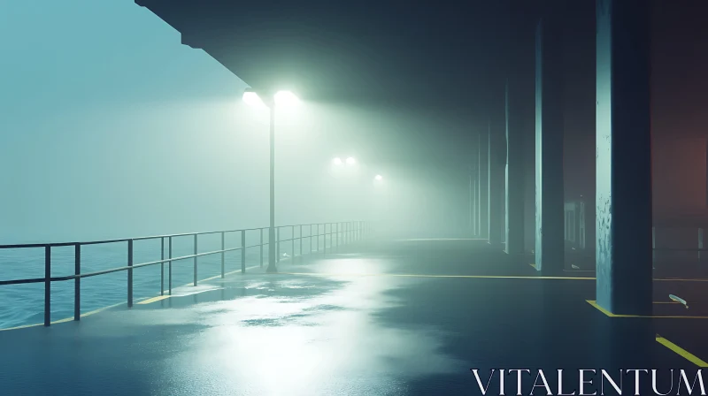 Misty Pier with Streetlights at Night AI Image