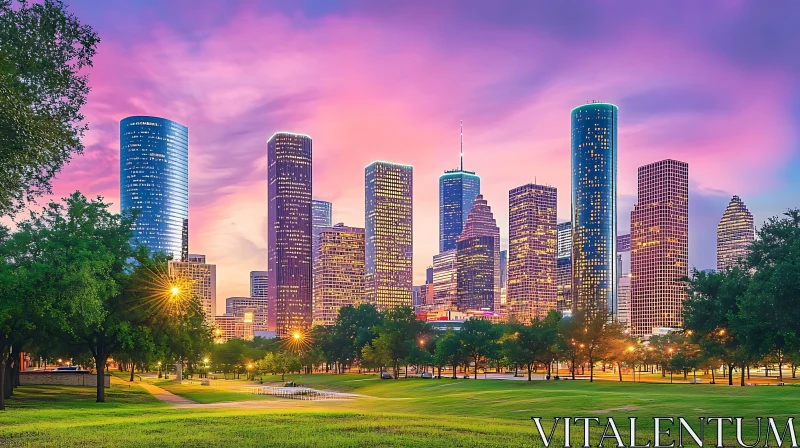 AI ART Urban Sunset with Park and Modern Skyscrapers