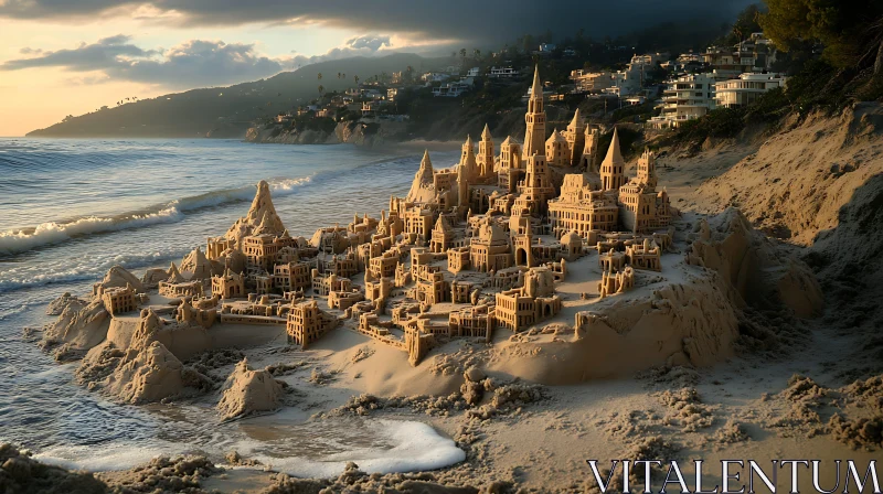 Intricate Sandcastle City with Ocean Waves AI Image