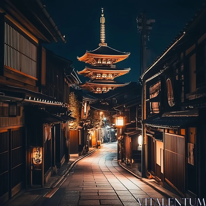 Illuminated Night Pagoda and Street AI Image